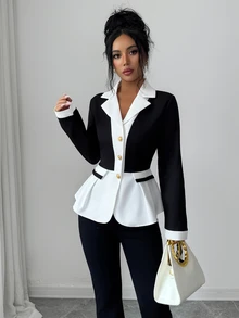 Elenzga Two Tone Lapel Neck Peplum Blazer - Black and White - View 4