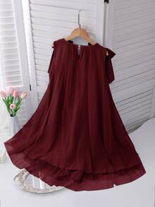 SHEIN Girls Elegant Fashion Ruffle Lace Pearl Shiny Mesh Dress - Burgundy - View 2