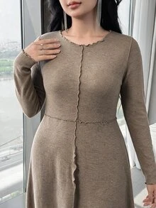 Feyla Plus Size Minimalist Pleated Frill Trim Fashion Versatile Dress - Khaki - View 4