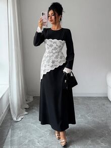 SHEIN Raffinéa فستان طويل أنيق جديد للنساء بتصميم غير متماثل مع رقعات دانتيل وخصر مشدود للتنقل اليومي - الأسود - مشاهدة 4