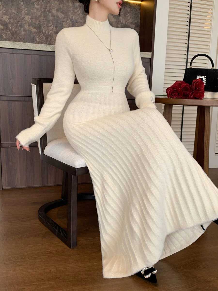 DAZY Autumn/Winter High Neck Cream White Fuzzy Ribbed Knit Button Cuff Decor Slim Fit Mermaid Hem Elegant Gentle Date Women Sweater Dress - Apricot - View 1