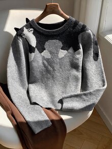 Comfortcana Women's Cute Korean Style Cat Jacquard Long Sleeve Sweater - Grey - View 6