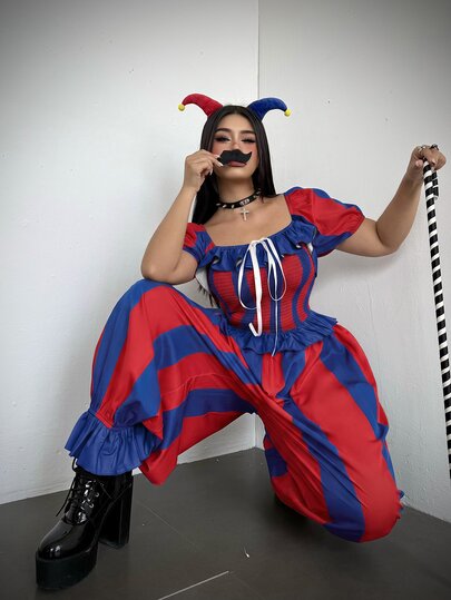 Whyspr Casual Elegant Minimalist Versatile Black & White Black & Red Contrast Color Shirred Inclusive Jumpsuit Suspender Square Neck Petal Sleeve Lantern Pants Punk Grunge Dark Clown Costume Role Play Performance Outfit Halloween Plus Size Women Jumpsuit