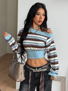 Coolane 女款秋冬街頭風外出基本款露肩短版長袖灰色運動衫 - 藍色 - 查看 5