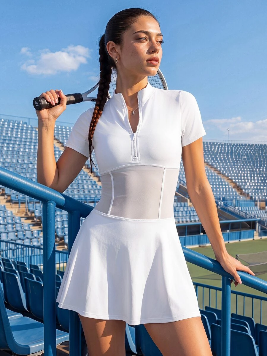 CourtClass CourtClass Women's Solid Color Short Sleeve Zipper Placket Mesh Patchwork Casual Sports Dress - White - View 1