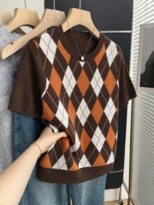 Franclia New Spring Summer Vintage Preppy Style Colorblock Plaid Knit Pullover Sweater For Women - Coffee Brown - View 5