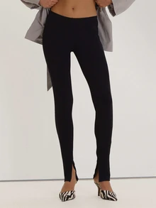 MUSEYN Legging Hitam Pas Badan dengan Belahan Kaki, Serbaguna untuk Sehari-hari, Kasual, Musim Gugur - Hitam - View 2