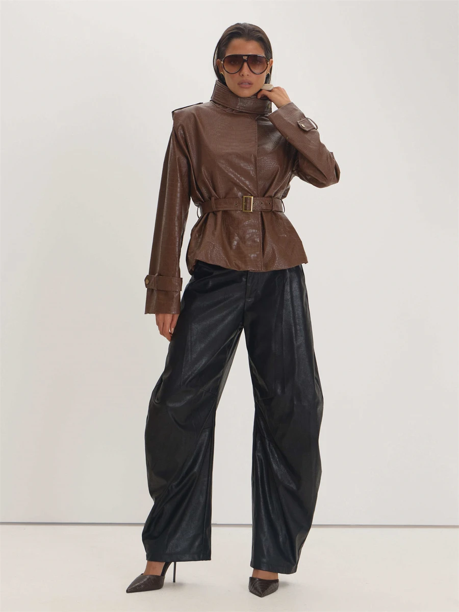 MUSEYN Celana Panjang Model Barrel Leg Warna Hitam PU, Serbaguna untuk Sehari-hari, Kasual, dan Musim Gugur. - Hitam - View 1