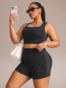 Easithlete Plus Size Leopard Print Crop Tank Top & High Waist Biker Shorts Sports Set - Black - View 1