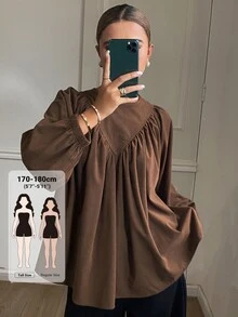 Dazy Tall Blus Wanita Warna Polos Longgar Leher Bulat Lengan Tiga Perempat Bahan Korduroi Berkerut Kasual untuk Liburan Musim Semi Musim Gugur - Coklat - View 1