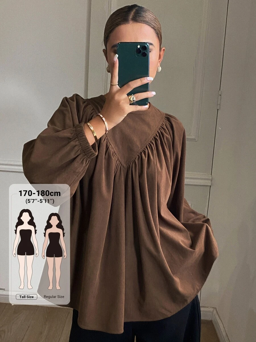 Dazy Tall Blus Wanita Warna Polos Longgar Leher Bulat Lengan Tiga Perempat Bahan Korduroi Berkerut Kasual untuk Liburan Musim Semi Musim Gugur - Coklat - View 1