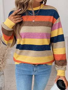 SHEIN LUNE Women's Striped Colorblock Casual Everyday Long Sleeve Sweatshirt - White - View 3