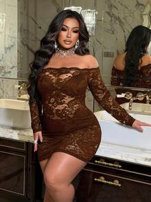 NU&NOW Sexy Lace Sheer Patchwork Off-Shoulder Long Sleeve Dress - Brown - View 3