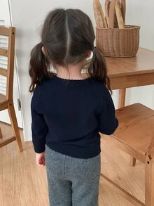 DAZY Infant Girl Round Neck Cartoon Long Sleeve Color Block Autumn Winter Sweater - Navy Blue - View 2