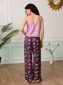 Chillnights Frida Kahlo X SHEIN Women's Floral Print Camisole Top And Long Pants Pajama Set - Purple - View 2
