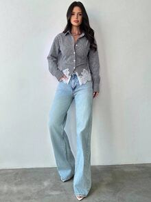 Firerie 女款黑白條紋長袖襯衫，綁帶腰部後背設計，日常通勤辦公商務，修身剪裁，春夏秋季 - 黑色 - 查看 8