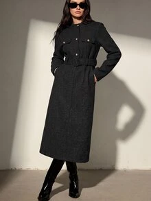 Aveloria Modichic Wool Blend Elegant Slimming Long Dress With Belt, Luxury Fashion Style - Black - View 3