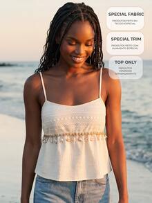 CAJUNI Spaghetti-Strap Top Featuring Special Shell-Style Fabric And Trim; Perfect For A Chic, Elegant, And Casual Summer Vacation Look. - Beige - View 1