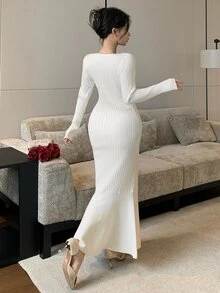 DAZY Autumn/Winter Round Neck Cream Ribbed Knit Gold Button Side Decor Slim Fit Mermaid Hem Elegant Date Commute Women's Sweater Dress - Beige - View 2