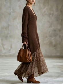Breezaya Women's V-Neck Long Sleeve Patchwork Floral Print Asymmetric Hem Fashion Dress - Brown - View 9