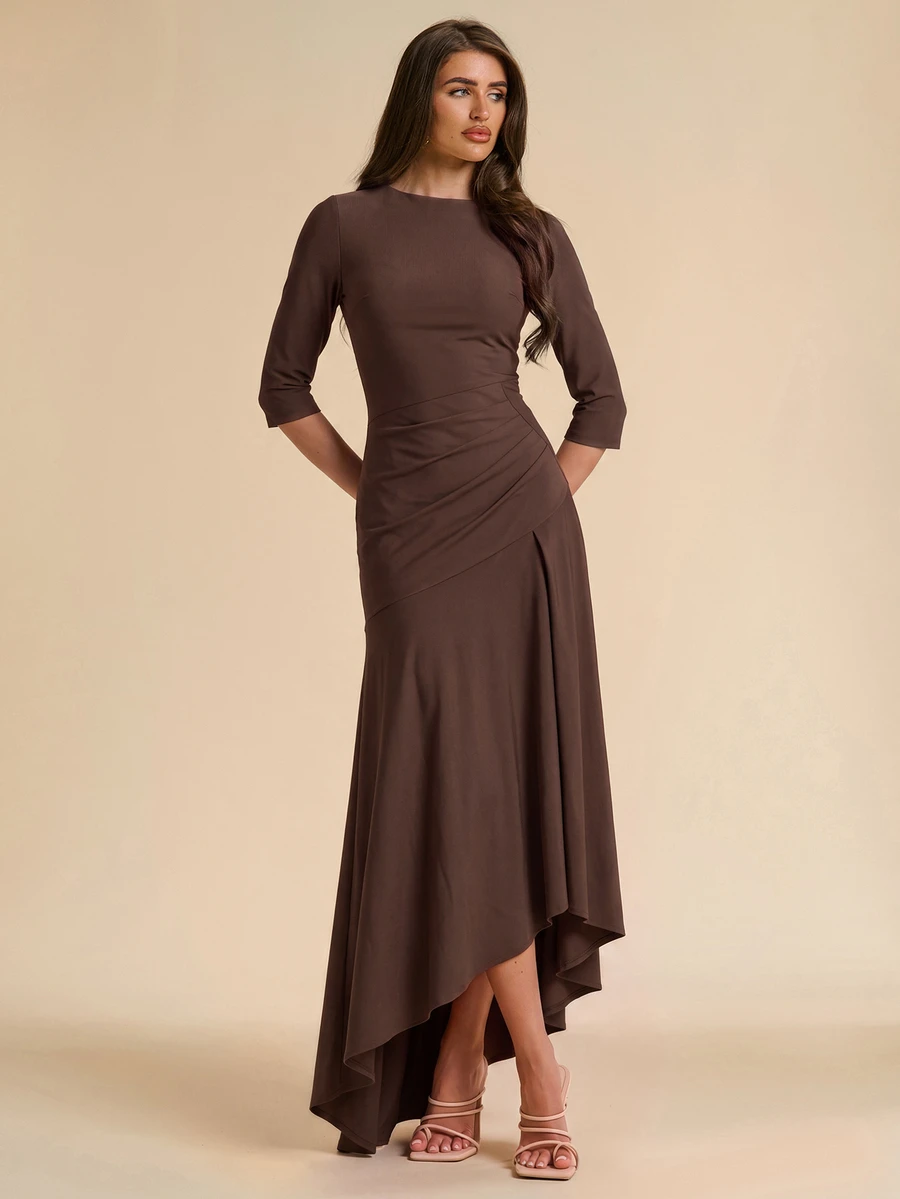 SHEIN BAE Fall Winter Chocolate Brown Ruched Asymmetric Hem Bodycon Elegant Midi Dress Thanksgiving Day Of The Dead Brunch Party Going Out - Brown - View 1