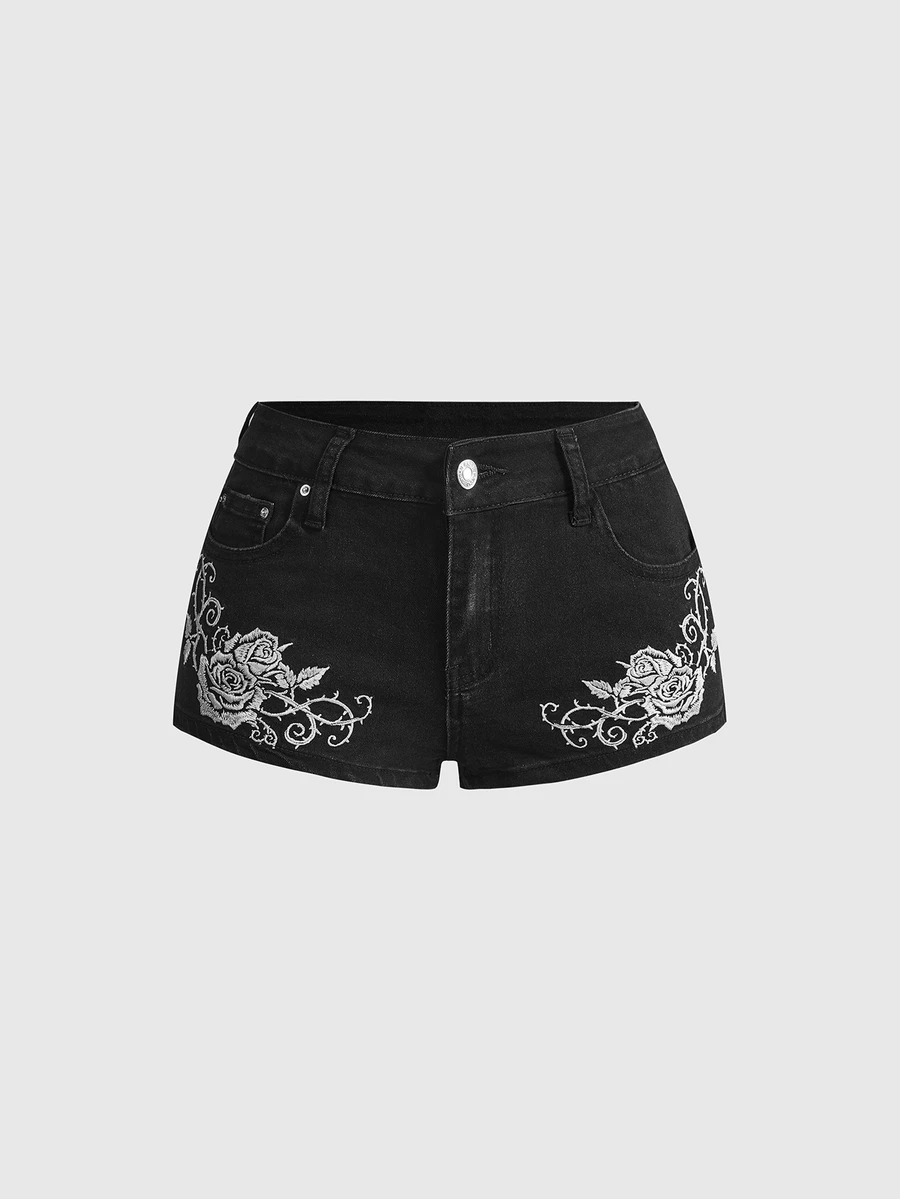 ROMWE Women's Dark Gothic Thorn Vine Rose Embroidery Denim Mini Shorts - Black - View 1