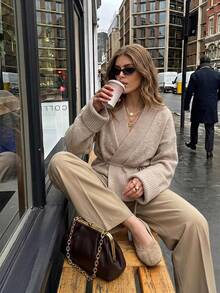 SHEIN Frenchy Women's Solid Color Drop Shoulder Long Sleeve Casual Knit Cardigan - Khaki - View 2