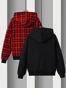 SHEIN 青少年男孩休閒格紋素色雙面可穿連帽外套，正反兩面皆可穿 - 黑色 - 查看 5