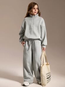 SHEIN طقم سويت شيرت نصف سحاب فضفاض وبنطال رياضي كاجوال للبنات المراهقات، مقاس كبير، ملابس العودة للمدرسة، مبطن بالصوف الدافئ والمريح للخريف/الشتاء - رمادي فاتح - مشاهدة 3