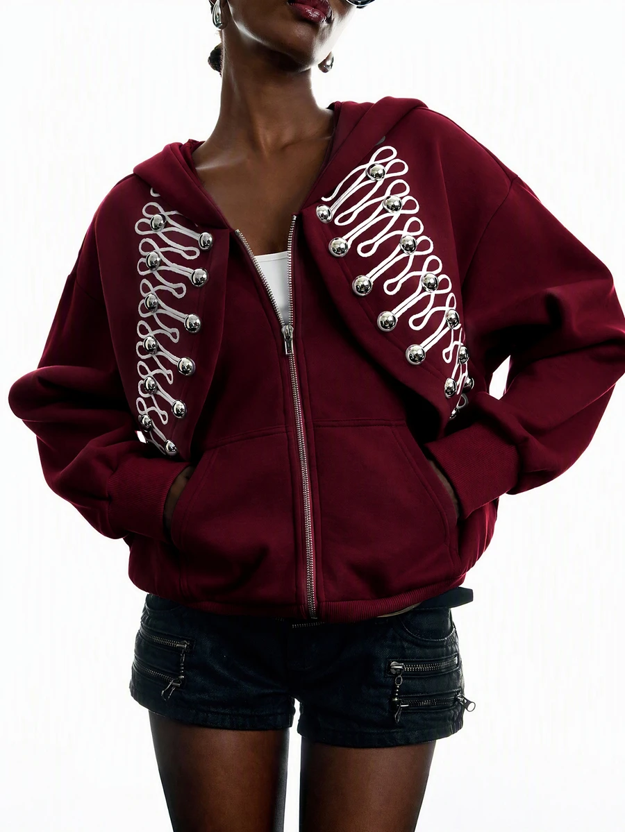 LYSMO Women's Long Sleeve Zipper & Button Design Hooded Sweatshirt - Burgundy - View 1