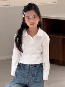 DAZY Tween Girl Solid Color Collared Long Sleeve Casual Versatile T-Shirt - White - View 6