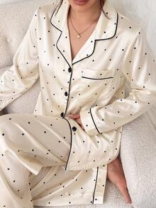 Napfluff Set Piyama Celana Panjang Lengan Panjang Motif Polkadot Hitam Sederhana dan Elegan untuk Wanita - Putih - View 5