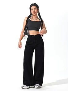 Women's High Waist Pocket Wide Leg Loose Casual Denim Jeans - Black - View 3