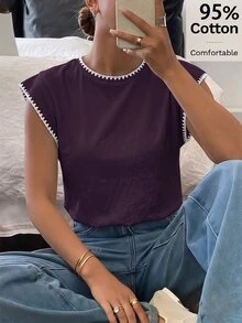 Siren Gaze 休閒簡約紫色女款T恤，白色貝殼刺繡，適合春夏秋季 - 紫色 - 查看 4