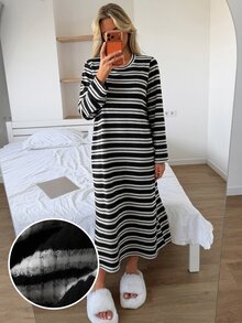 Livesso Women's Striped Colorblock Casual Daily Home Loungewear Dress - Black - View 5