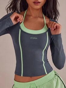 Athîral Women's Slim Fit Charcoal Grey Top,Stretch Knit,Layered Halter Neck,Contrast Piping,Colorblock,Autumn,Sporty Chic,Gym Running Daily,Two Piece Sets - Dark Grey - View 5