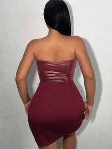 VaVaBold Women's Sexy Ruched Strapless Bodycon Dress - Burgundy - View 2
