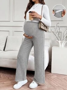 SHEIN 孕婦休閒可調腰圍護肚舒適長褲 - 淺灰色 - 查看 5