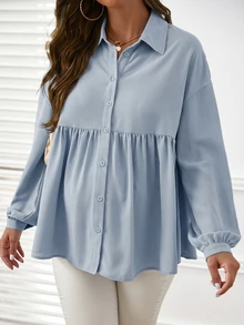 SHEIN Maternity Solid Color Pleated Casual Daily Long Sleeve Blouse - Dusty Blue - View 5