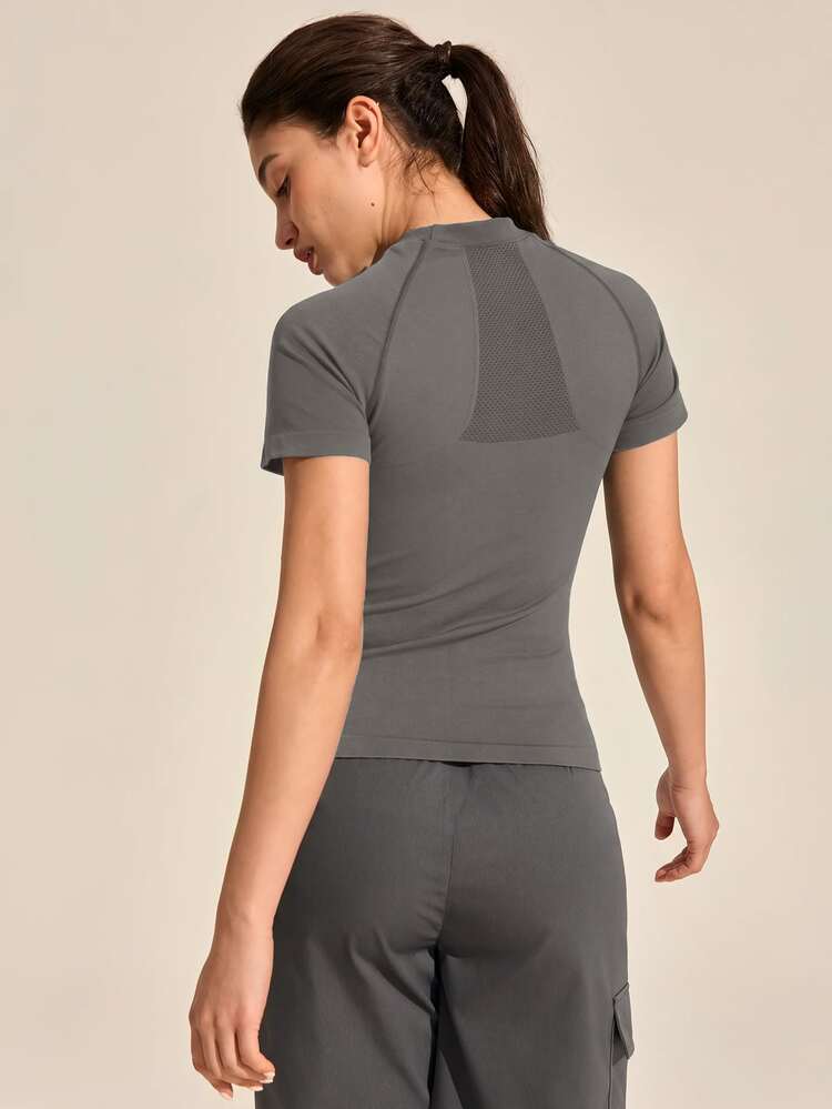 Exploreva Exploreva Women's Minimalist Outdoor Mesh Patchwork Short Sleeve T-Shirt - Coffee Brown - View 5