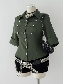 Sunspun Women Plus Size Army Green Utility Shirt, Fashion Button Decor Lapel Collar Blouse, Versatile Commute Mid Sleeve Shirt Top Fall - Army Green - View 4