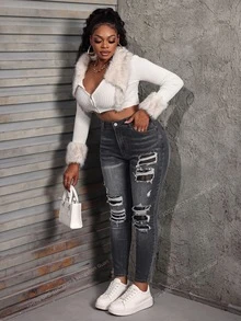 SHEIN MOD Plus Size Women's High Waist Pocket Distressed Skinny Casual Jeans - Black - View 3