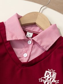 SHEIN Elladie kids 女童白色粉色 2 件套，長袖衛衣領拼接設計，羅紋袖口，寬腿褲，春秋穿著，7 歲生日秋季款 - 紅色 - 查看 3
