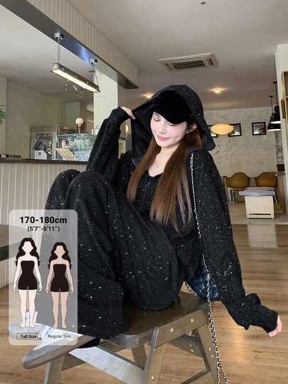 Dazy Tall Women's 2pcs Set Autumn Shiny Sequin Hooded Sweatshirt Black Straight Leg Wide Leg Sweatpants Casual Streetwear Sports Outfit