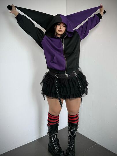 Whyspr Sudadera con capucha de contraste negro & rojo Halloween oscuro 2026 ropa de mujer talla grande