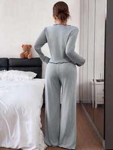 Napfluff Autumn/Winter Women's Casual Loungewear Set, Fashionable V-Neck Comfortable Fabric Wearable Home Outfit - Grey - View 3