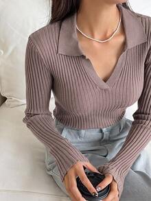 DAZY 女款純色領口長袖商務休閒套頭針織衫 - 卡其色 - 查看 1