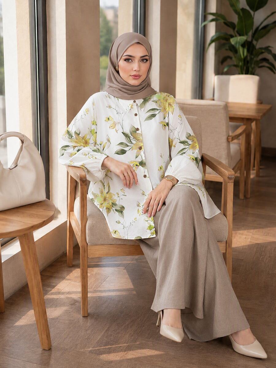 Auveirra Plus Size Women Floral Print Long Sleeve Top And Pants Casual Daily 2 Pieces Set - Brown - View 1