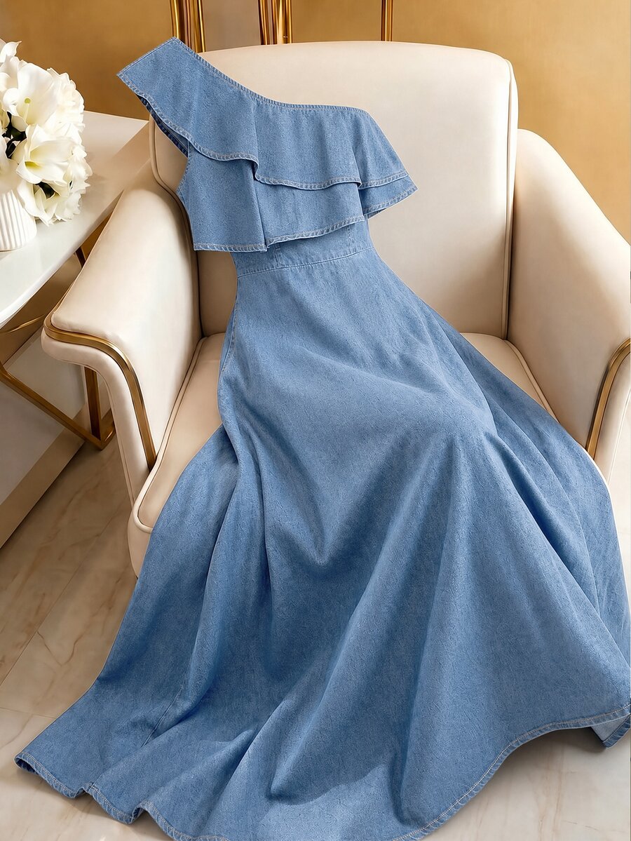 GlowEve Women's Sexy One-Shoulder Ruffle Trim Denim Dress - Blue - View 1