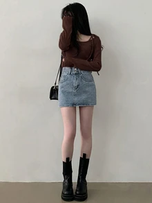 DAZY Women's Lace-Up Asymmetric Shoulder Solid Color Long Sleeve 2 In 1 T-Shirt - Coffee Brown - View 5